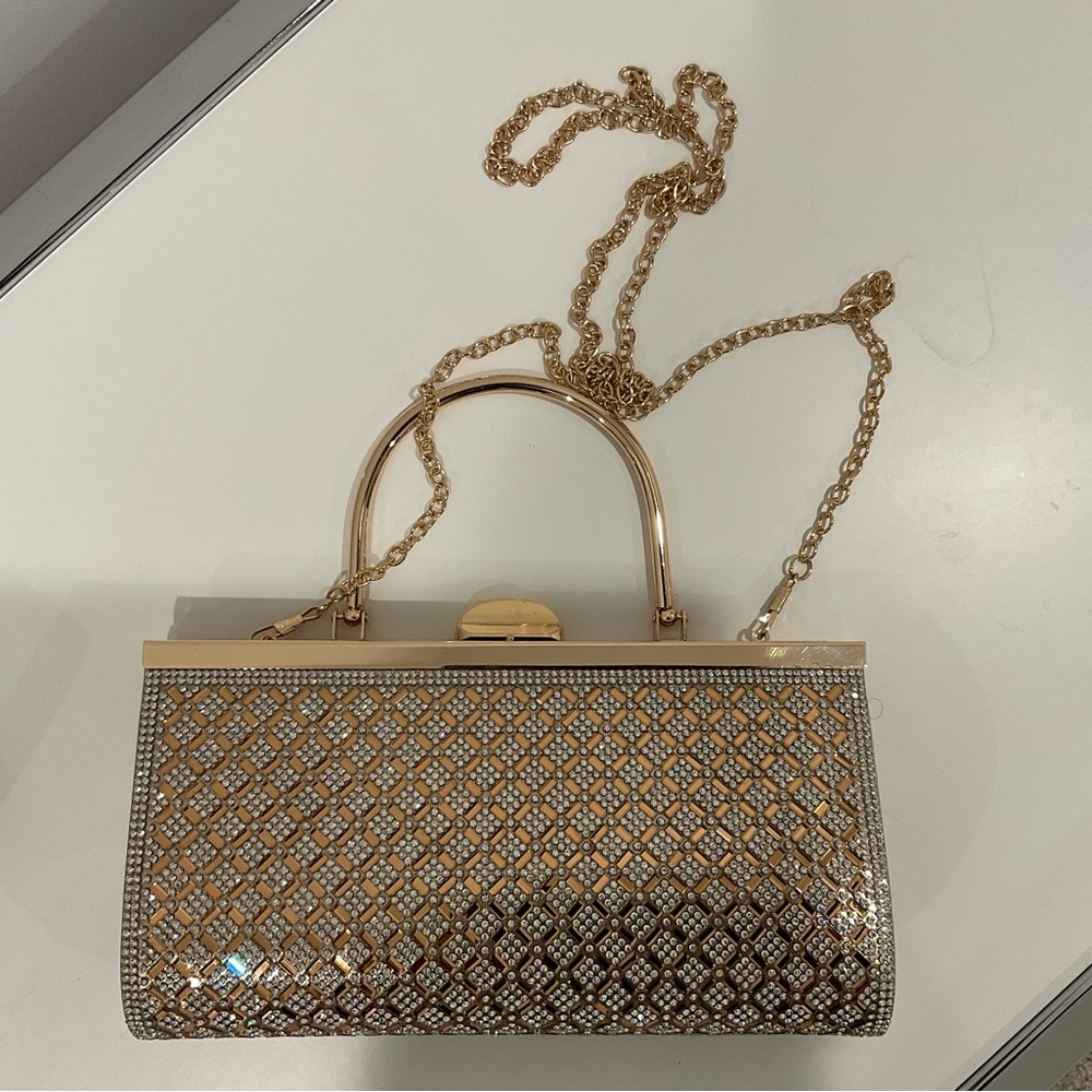 Brand New Gold Art Work Clutch with Golden long chain